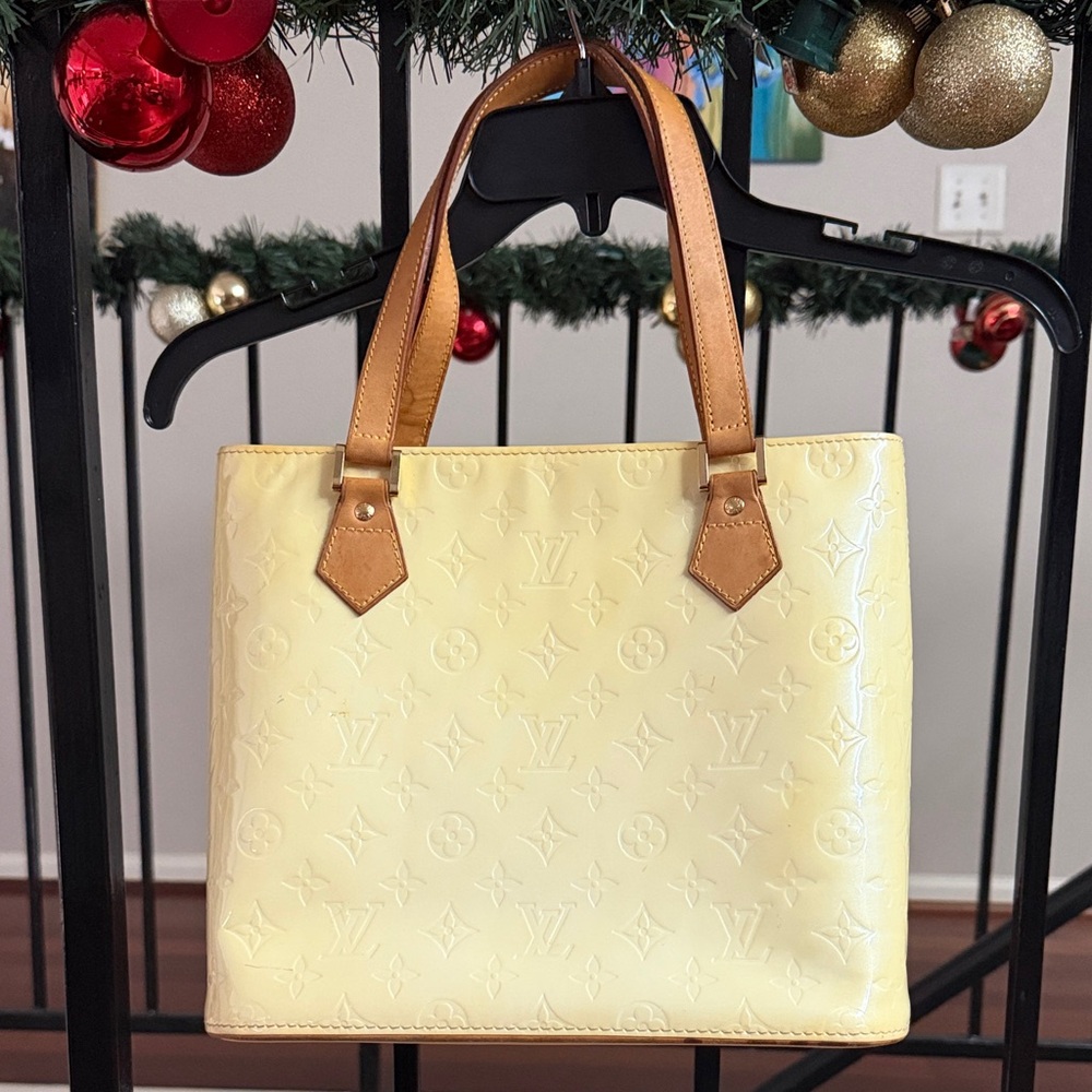 Louis Vuitton Pale Yellow Vernis Tote with Tan Handles